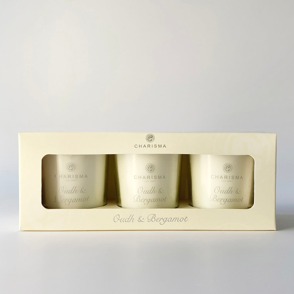 Charisma Luxury Scented 3x Candle set oudh & Bergamot